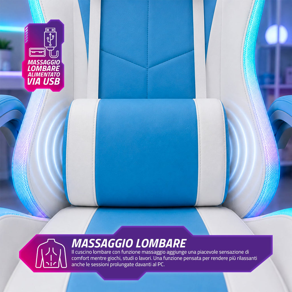 Sedia Gaming Ergonomica con Luci RGB e Cuscino Lombare Massaggiante, Poltrona Ufficio Reclinabile con Telecomando