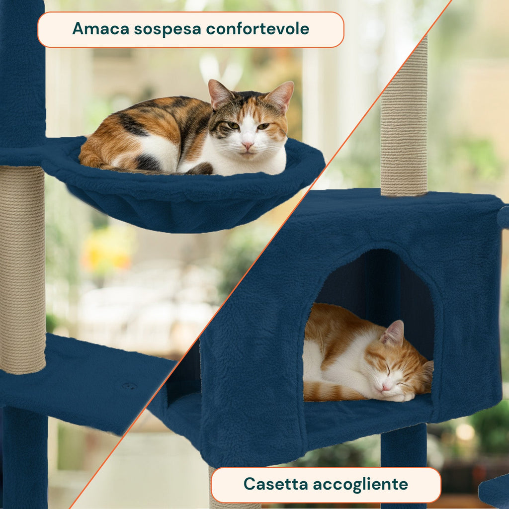 Tiragraffi per gatti 120 cm con cuccia e amaca multilivello