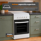 Cucina a Gas 50x50 cm con Forno a Gas 49 Litri, 4 Fuochi di Diversa Potenza, Valvole di Sicurezza e Coperchio