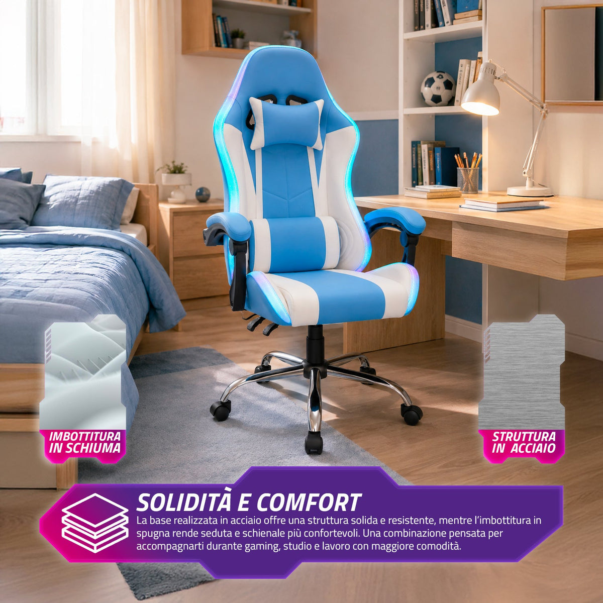 Sedia Gaming Ergonomica con Luci RGB e Cuscino Lombare Massaggiante, Poltrona Ufficio Reclinabile con Telecomando