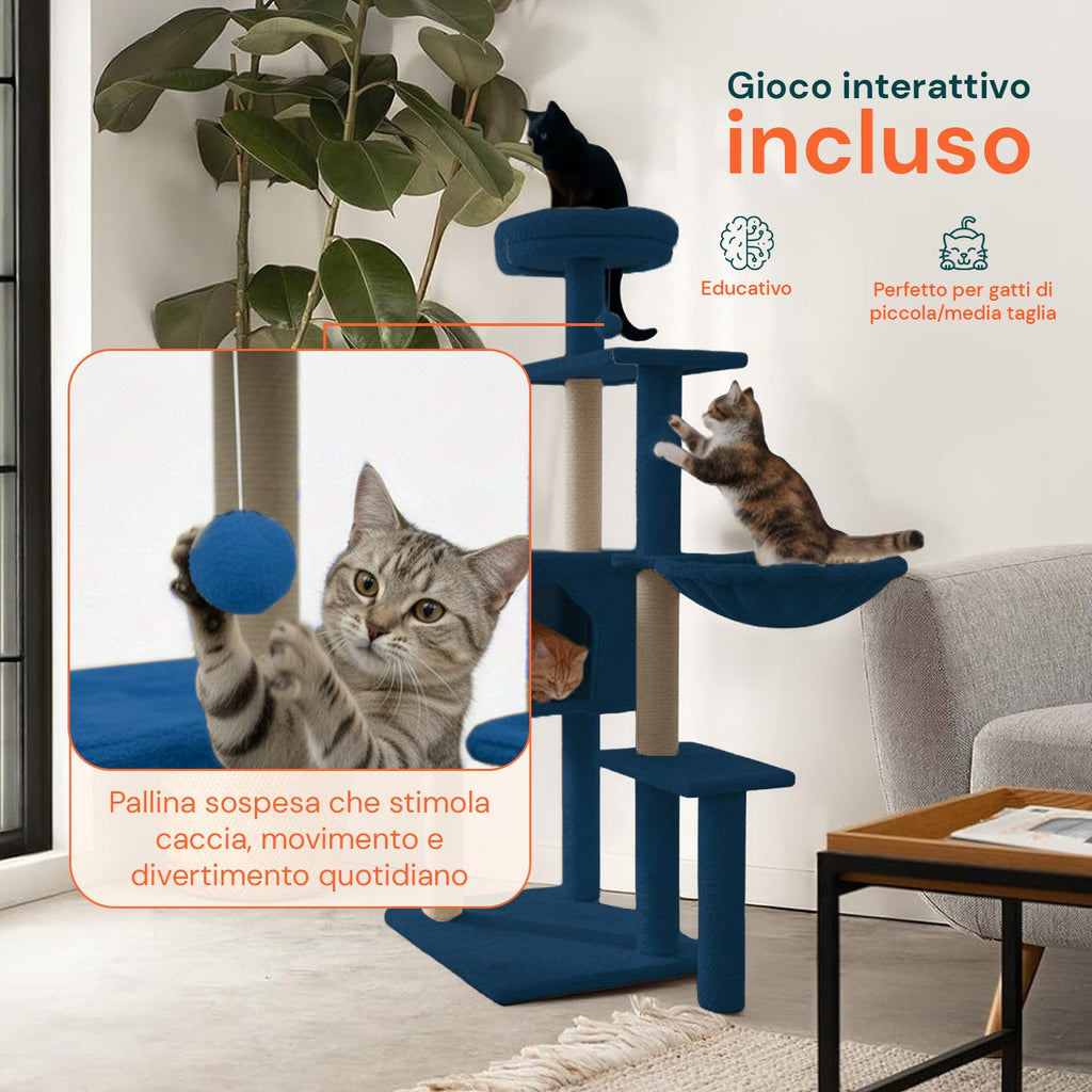 Tiragraffi per gatti 120 cm con cuccia e amaca multilivello
