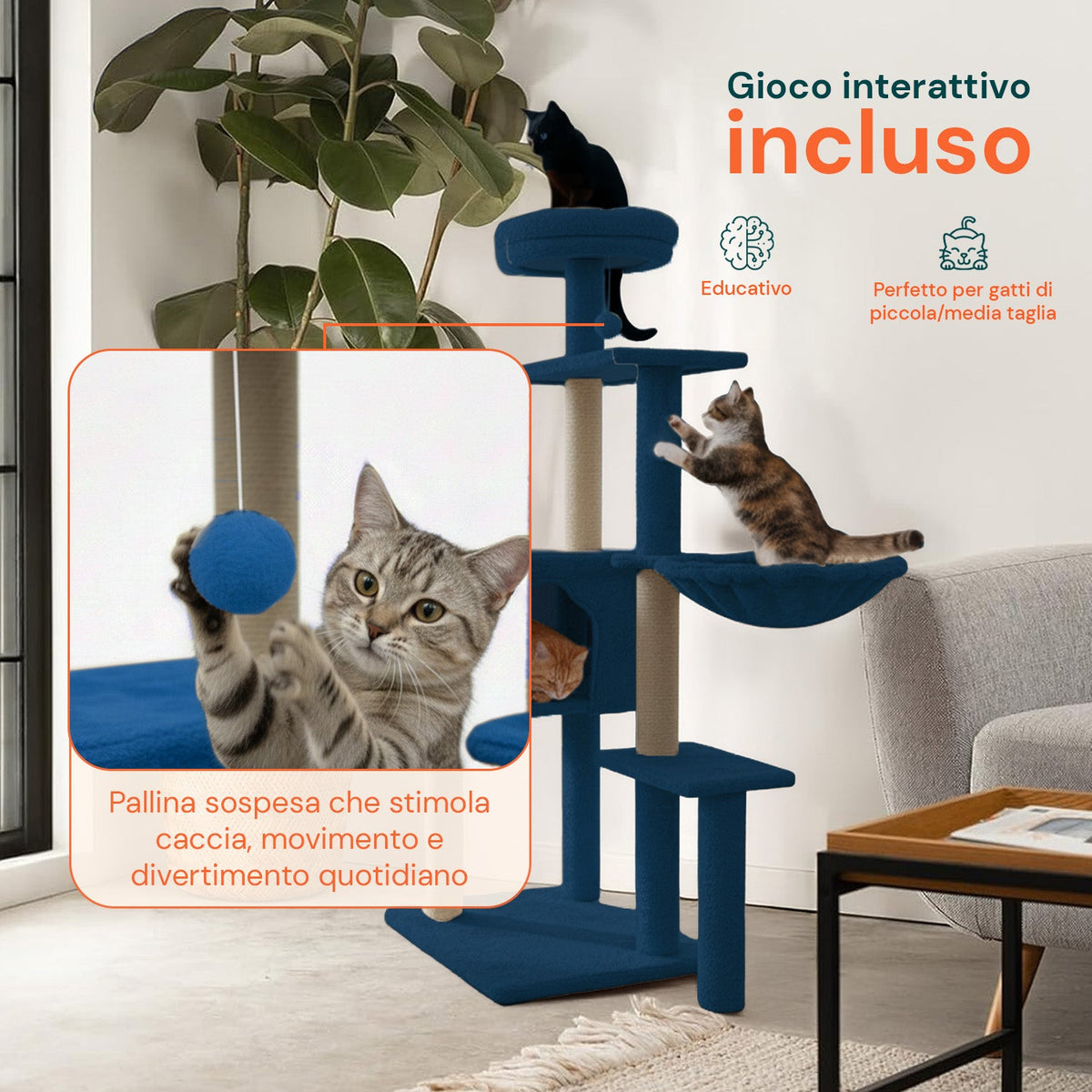 Tiragraffi per gatti 120 cm con cuccia e amaca multilivello