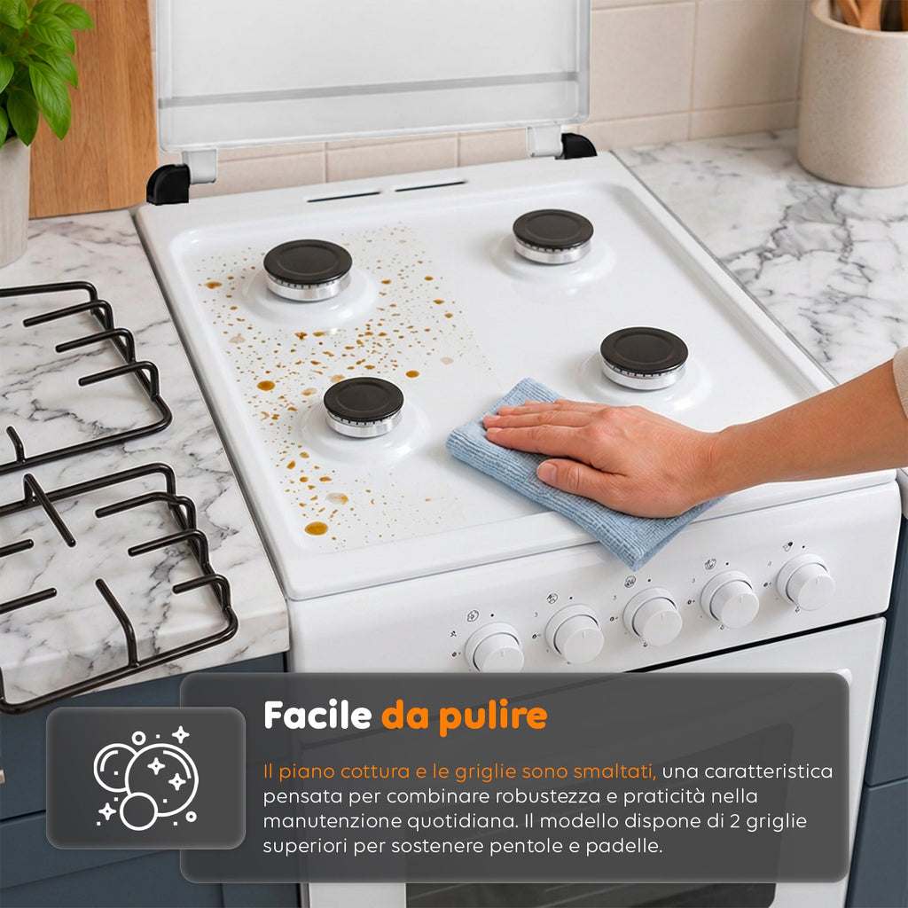 Cucina a Gas 50x50 cm con Forno a Gas 49 Litri, 4 Fuochi di Diversa Potenza, Valvole di Sicurezza e Coperchio