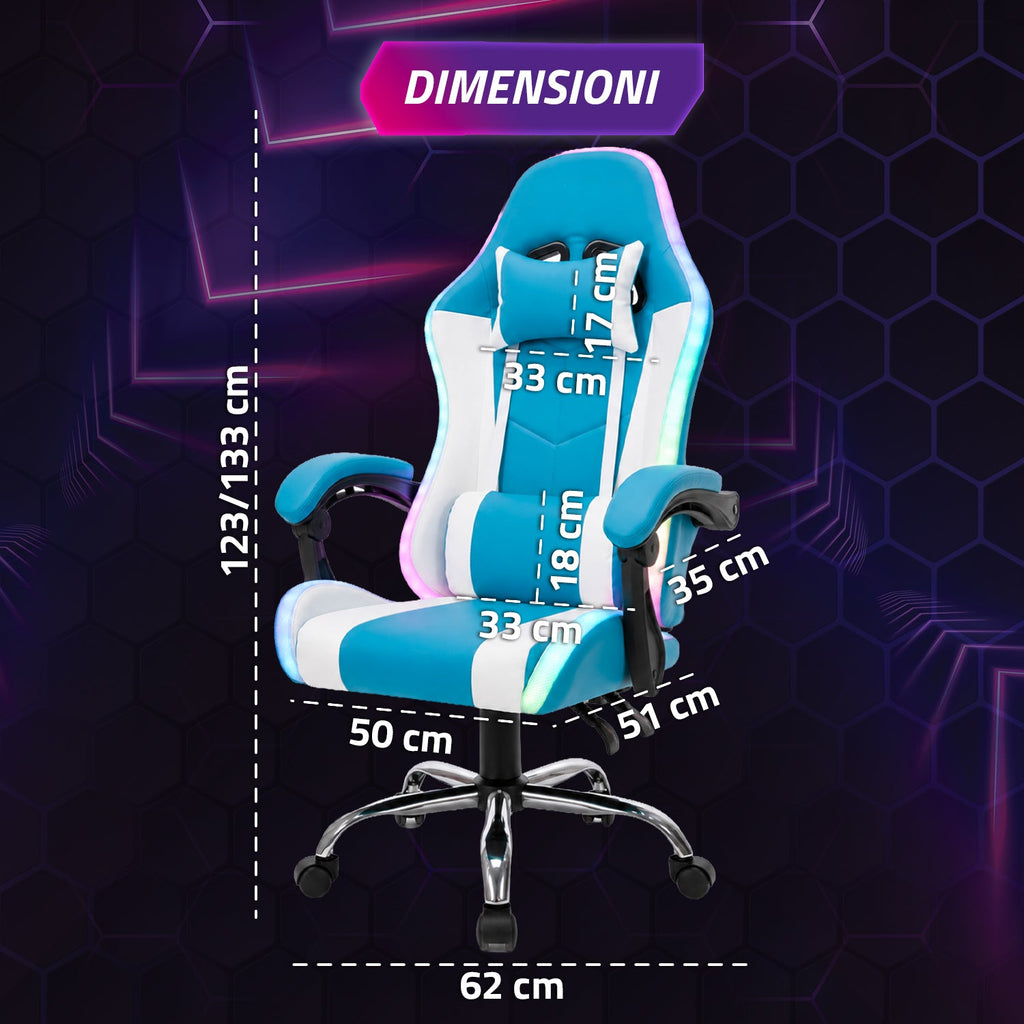 Sedia Gaming Ergonomica con Luci RGB e Cuscino Lombare Massaggiante, Poltrona Ufficio Reclinabile con Telecomando