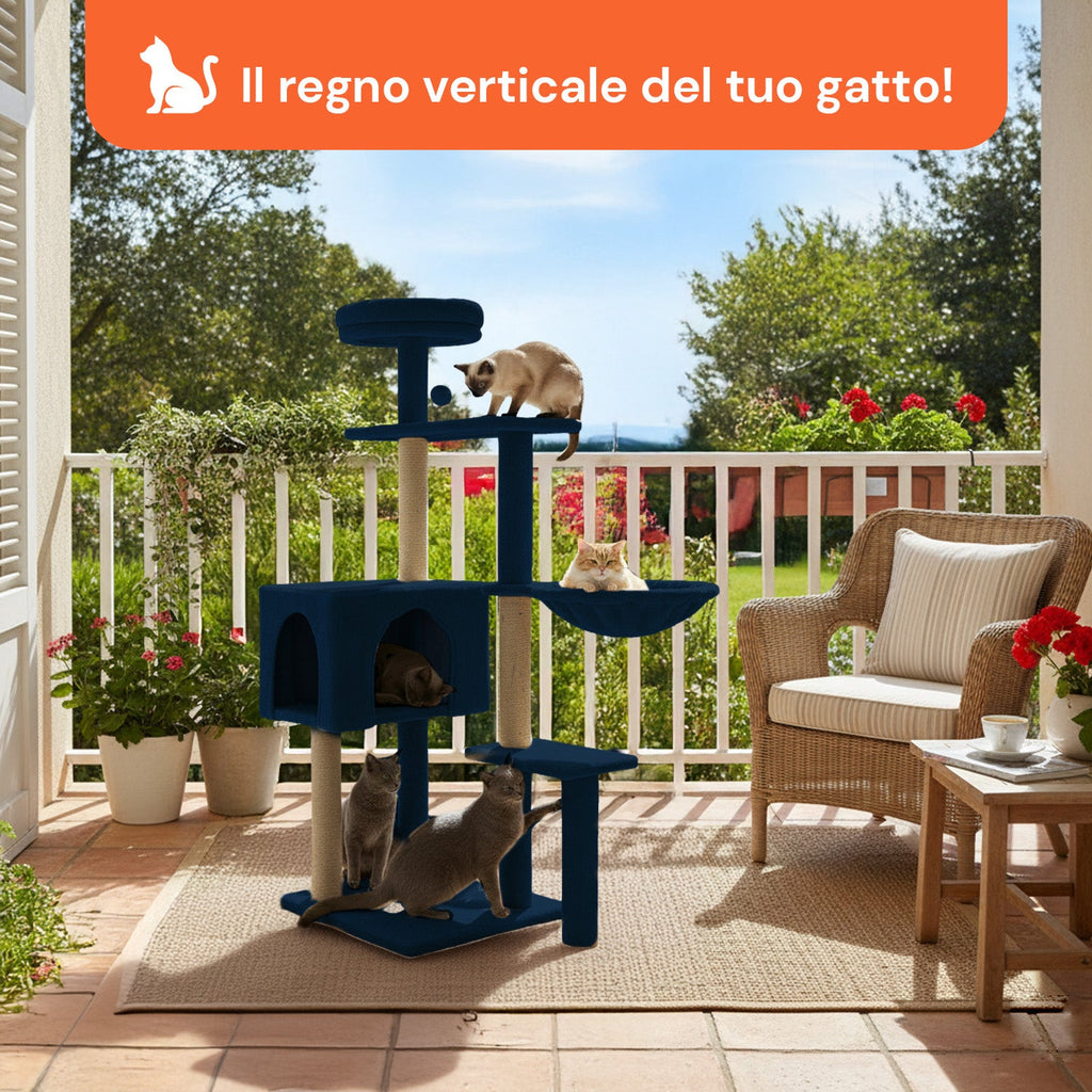 Tiragraffi per gatti 120 cm con cuccia e amaca multilivello