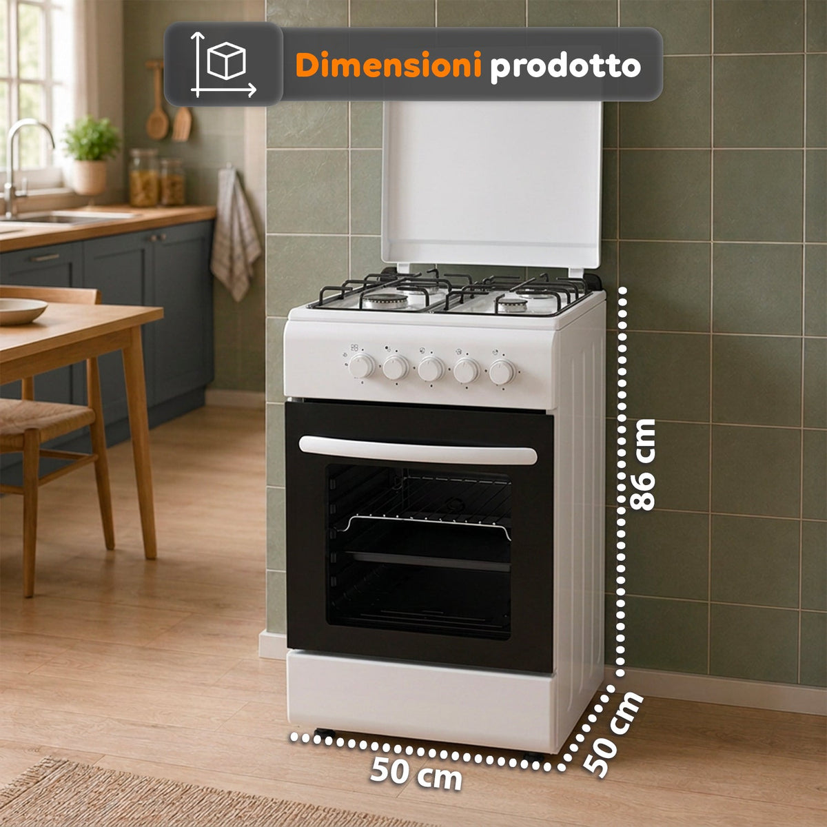 Cucina a Gas 50x50 cm con Forno a Gas 49 Litri, 4 Fuochi di Diversa Potenza, Valvole di Sicurezza e Coperchio