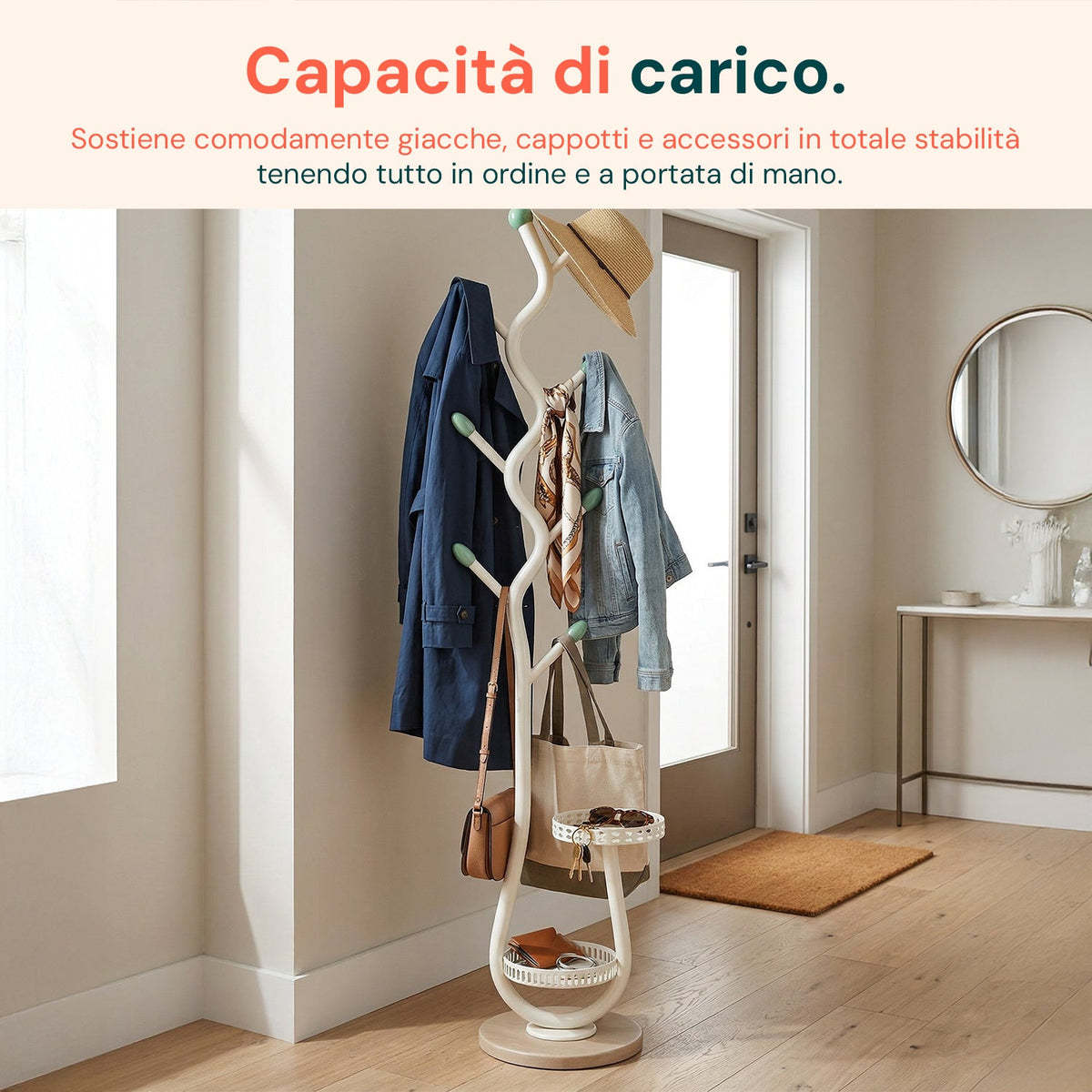 Appendiabiti Moderno in Metallo Bianco con 2 Vassoi Circolari Ø24 cm – Struttura Robusta e Salvaspazio - H 166,5 cm