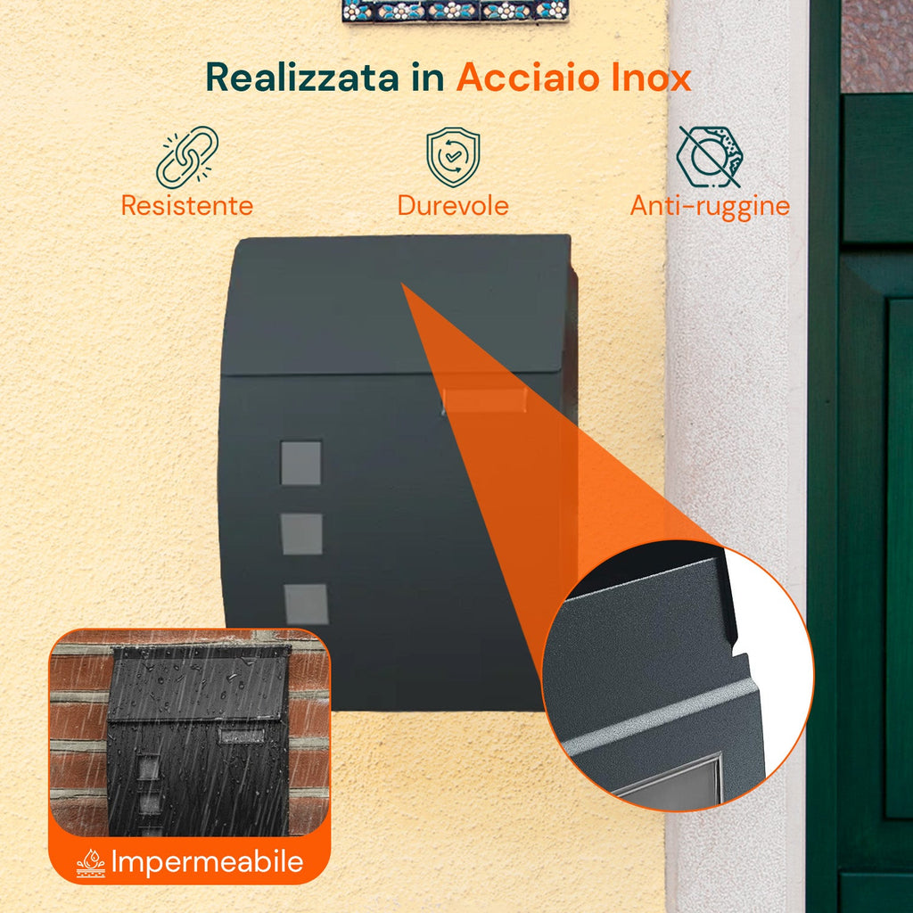 Cassetta Postale a Muro Moderna in Acciaio Inox con Targhetta per il Nome e 2 Chiavi