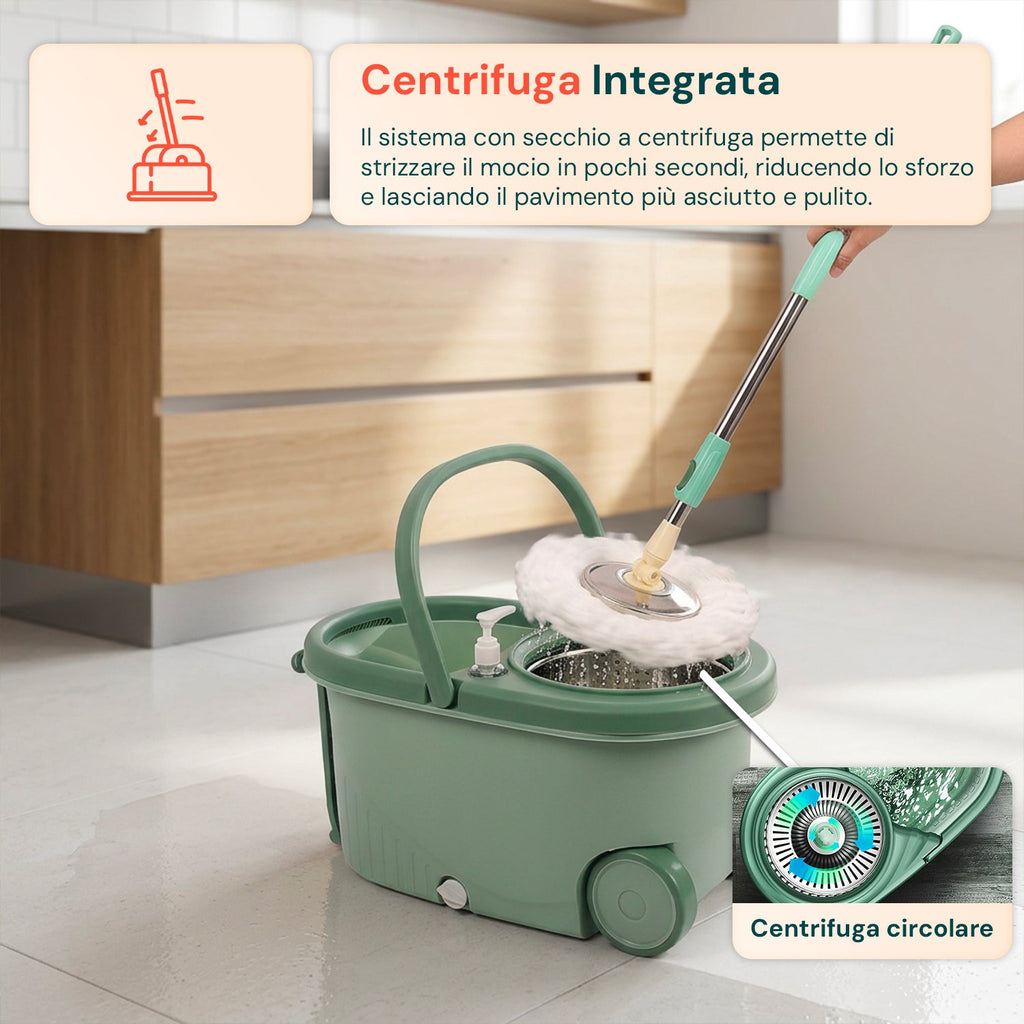 Kit Mocio Rotante 360° con Secchio 14L - 46x27x22cm e Centrifuga in Acciaio – Include 2 Testine in Microfibra, Dosatore Sapone e Asta Telescopica – Set Lavapavimenti Universale con Ruote e Scarico