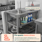 Lavello multifunzione in acciaio inox con fontana - Lavandino con vasca, gocciolatoio e doppia mensola - Reversibile Dx/Sx - 75x40x80 cm