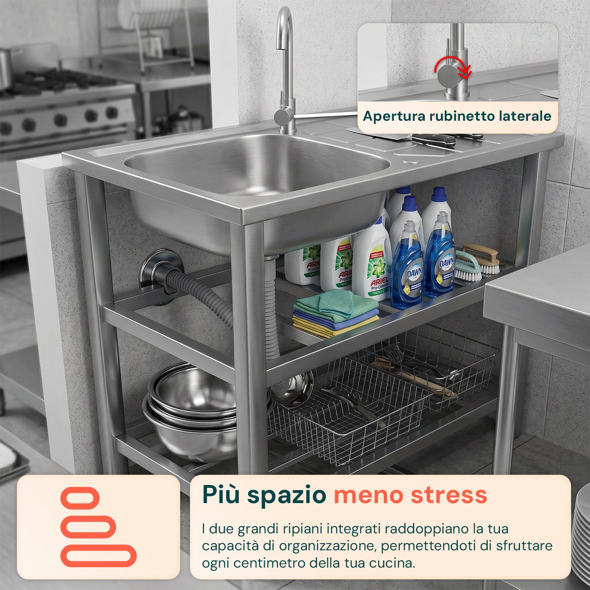 Lavello multifunzione in acciaio inox con fontana - Lavandino con vasca, gocciolatoio e doppia mensola - Reversibile Dx/Sx - 75x40x80 cm