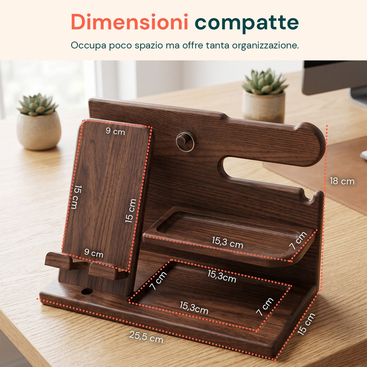 Organizer da Scrivania in Legno con Supporto Smartphone e Porta Orologi – Compreso di Alloggiamento per il Cavo di Ricarica – 25,5x15x18,5 cm
