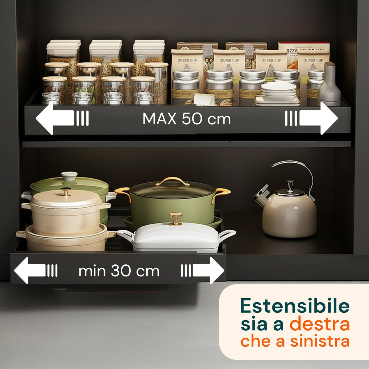 Cassetto estensibile universale in acciaio 30-50 cm - Portata 8 kg