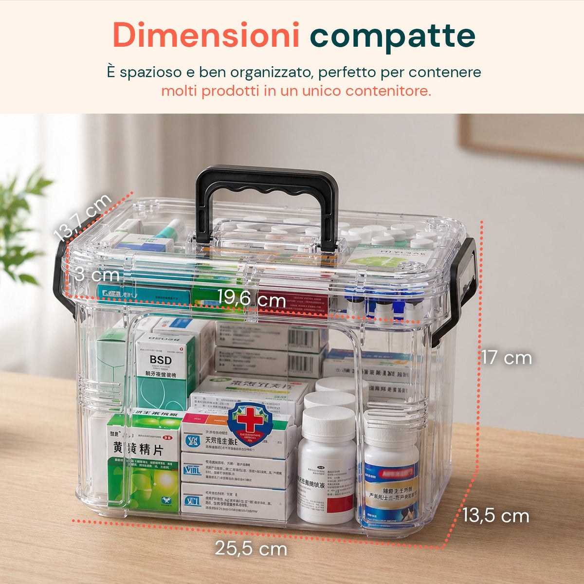 Organizer per Farmaci Trasparente a 2 Livelli con Maniglia e Chiusura a Clip -  8 Scomparti Superiori 23,5x17x13,5 cm
