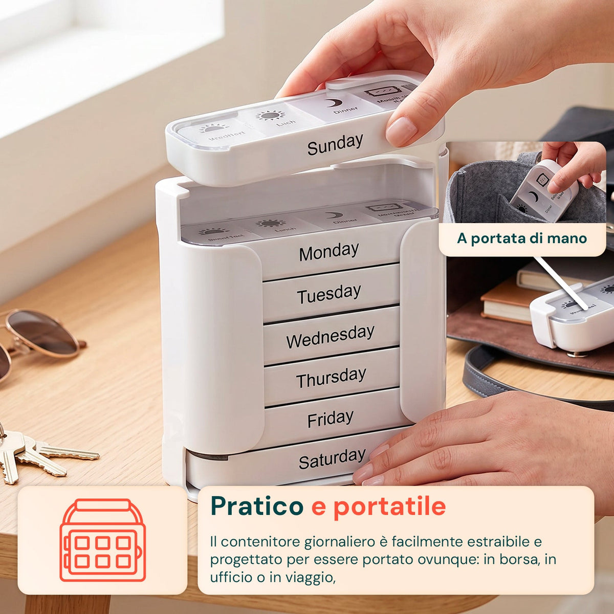 Organizer Pillole Settimanale 7 Giorni con Contenitori Giornalieri Rimovibili e Portatili