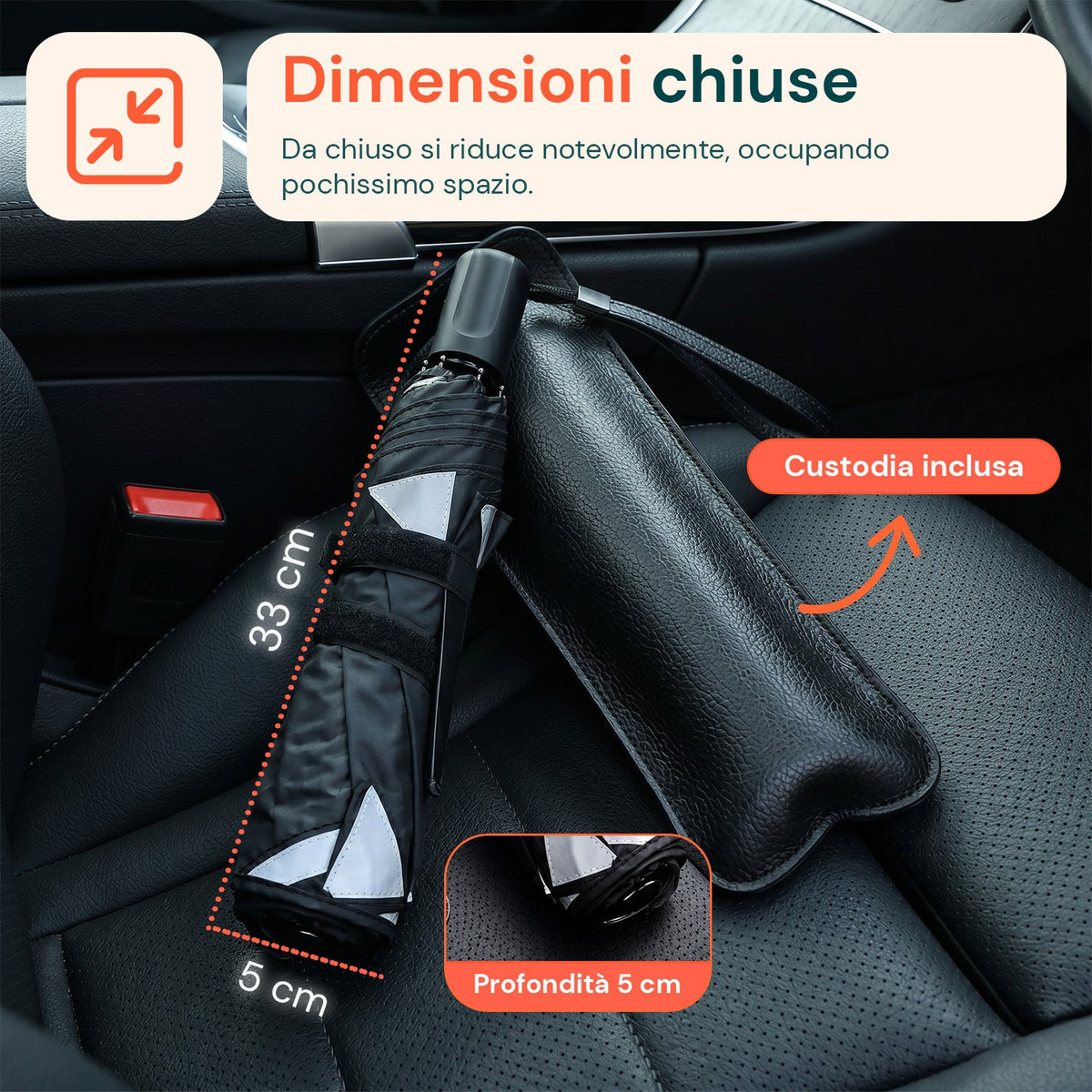 Parasole per Auto a Ombrello – Protezione Raggi UV Universale – Dimensioni 140x80cm – Struttura a 10 Aste in Ferro e Tessuto 170T – Pieghevole con Custodia Salvaspazio – Raffresca Abitacolo