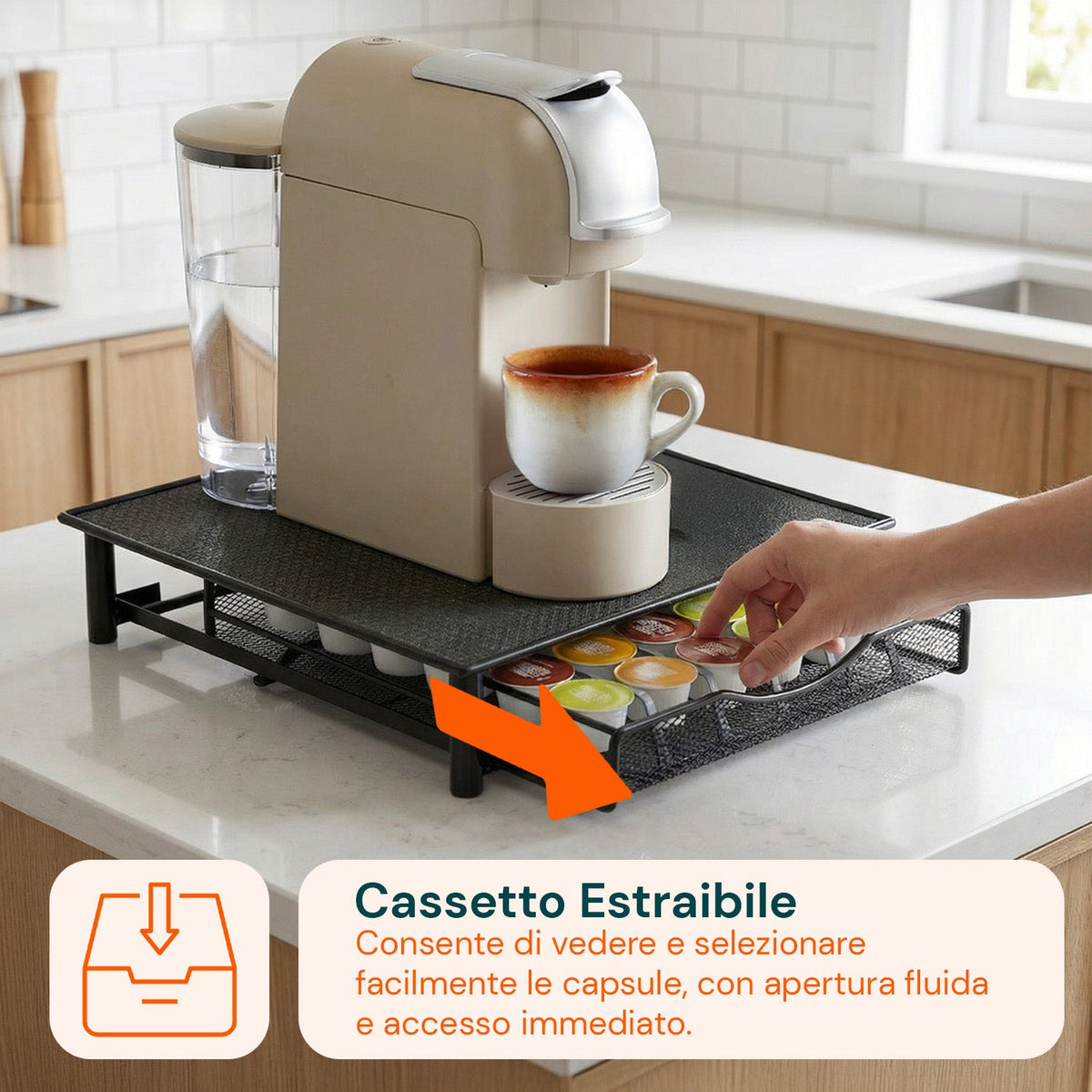 Porta Capsule Caffè 36 Posti con Cassetto Estraibile in Metallo e Base Antiscivolo