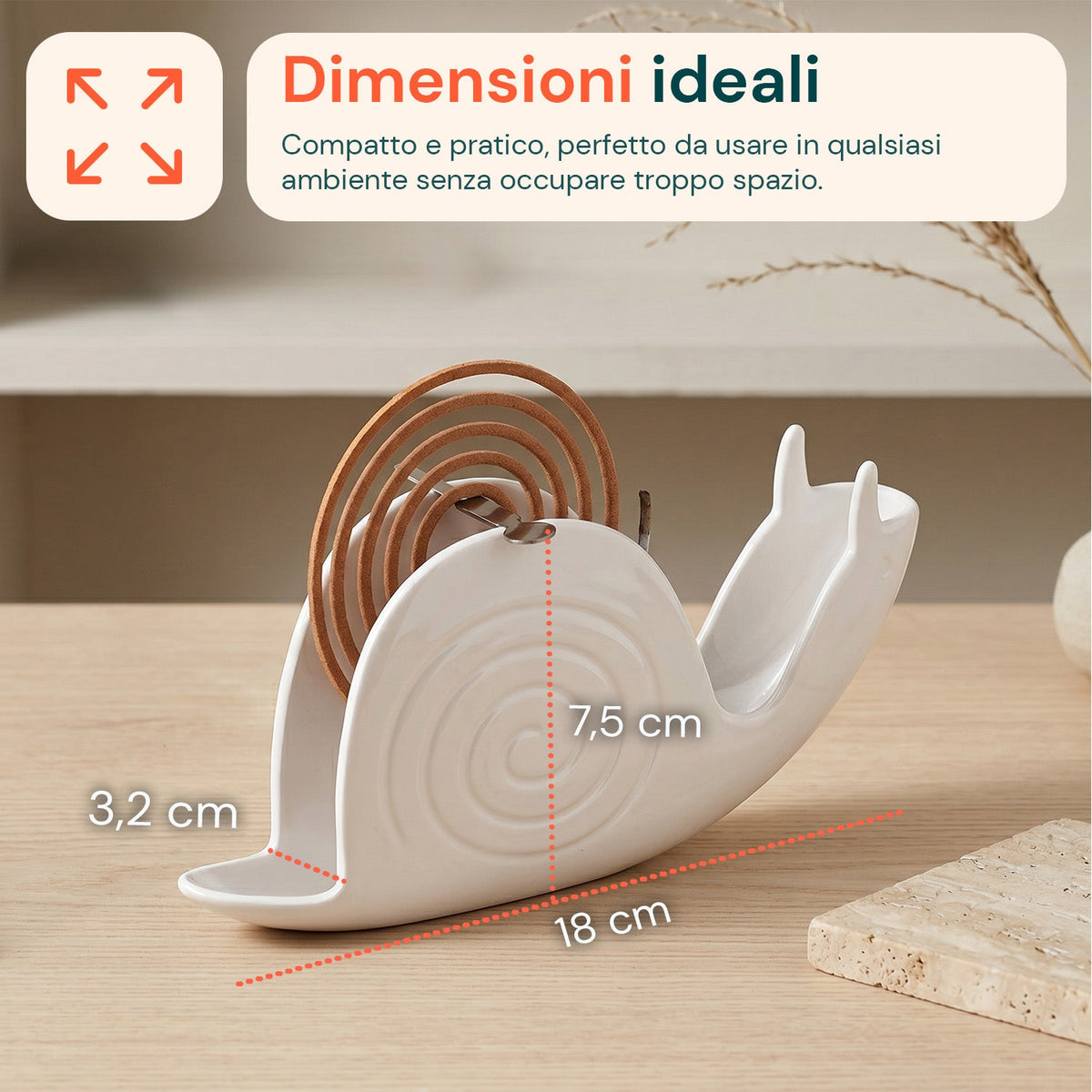 Porta Zampirone a forma di Lumaca – Supporto per Spirali Antizanzare in ABS Ignifugo – Con Base Raccogli Cenere – Design Universale Riutilizzabile – Dimensioni 18x3,2x7,5cm