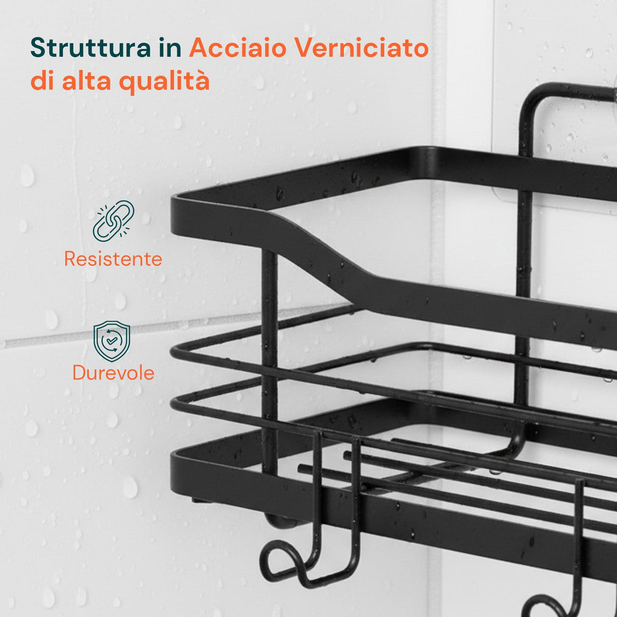 Set di 2 mensole adesive da parete in acciaio nero per bagno e cucina
