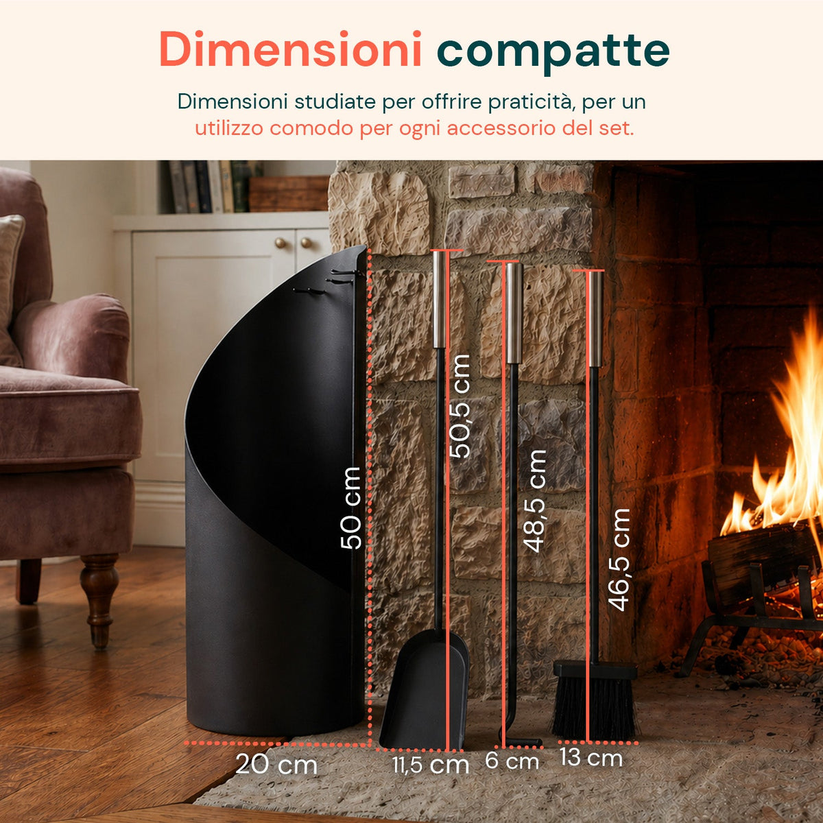 Set 4 Accessori per Camino in Ferro: Paletta, Scopino, Attizzatoio e Supporto – Resistente al Calore e con Ganci Interni