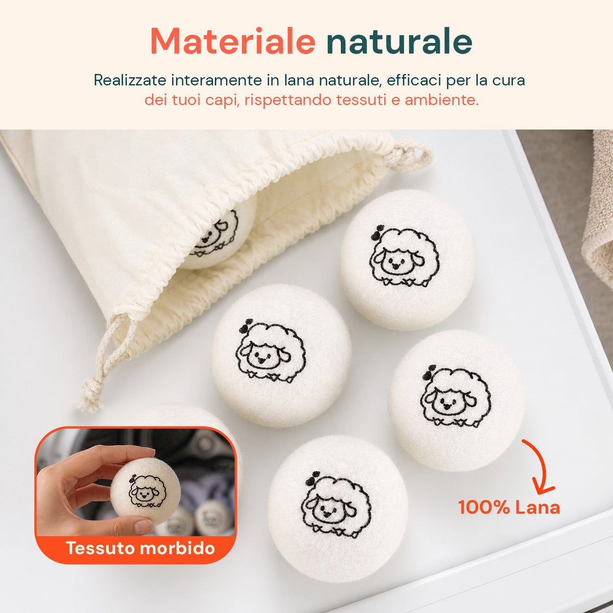 Set 6 Palline di Lana per Asciugatrice Riutilizzabili - Diametro 7 cm