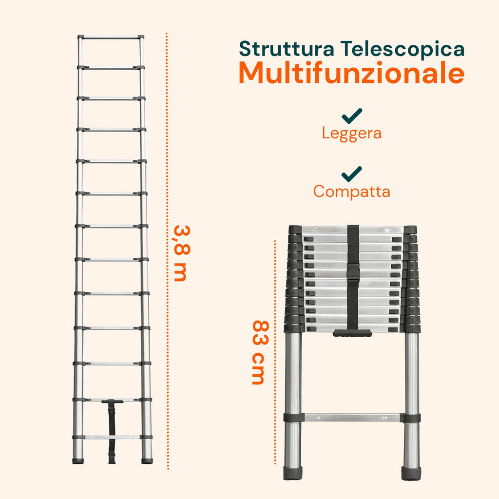 Scala Telescopica Professionale da 7 a 13 Gradini in Acciaio – Uso Domestico e Lavorativo