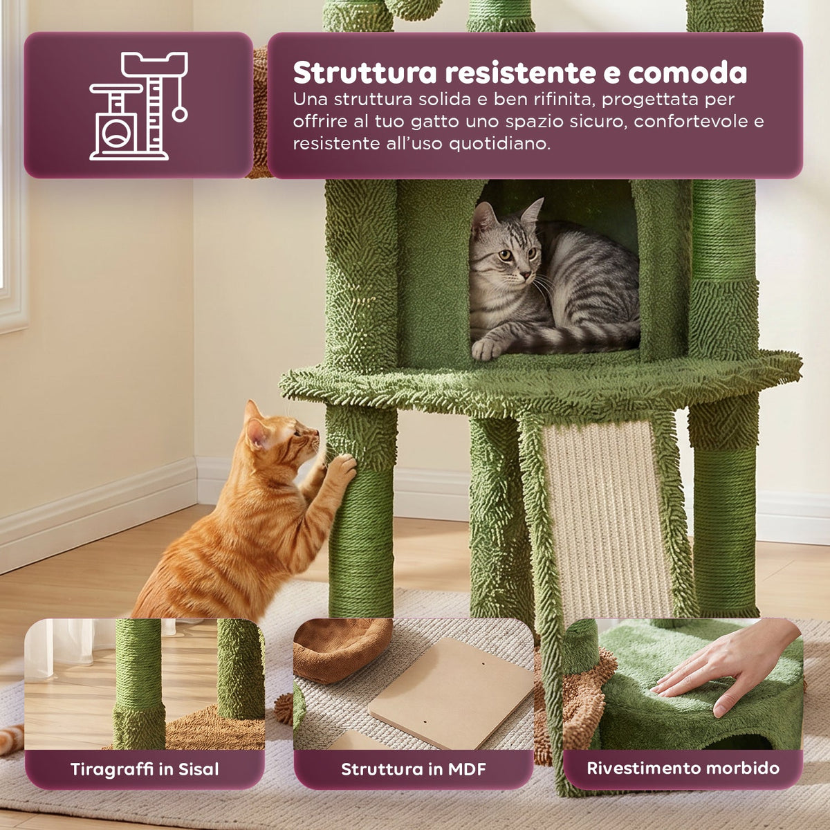 Tiragraffi per Gatti a Forma di Cactus 106,5 cm - in Sisal Naturale con Casetta, Cuccia a Cestino e Pallina Gioco