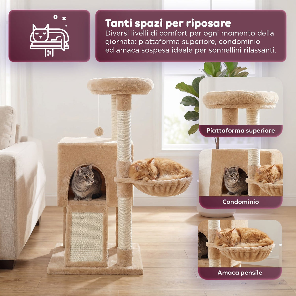 Albero Tiragraffi Multilivello per Gatti h 87 cm in Sisal con Amaca, Piattaforme e Gioco a Pallina - 45x40 cm