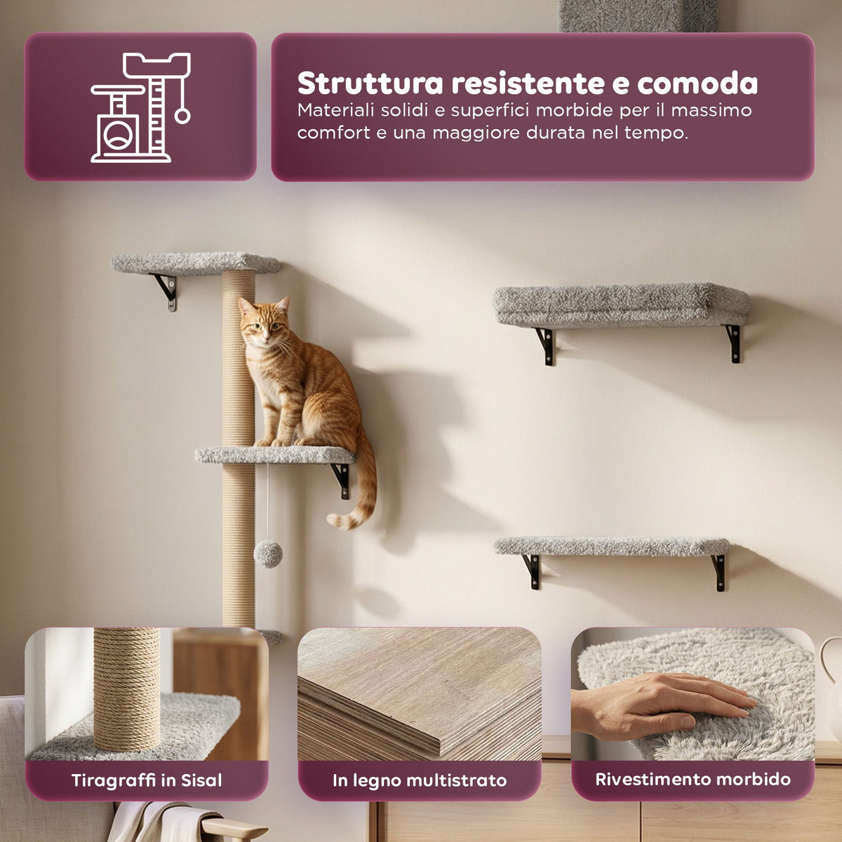 Parco Giochi Verticale da Parete per Gatti - in Legno Multistrato e Sisal Naturale