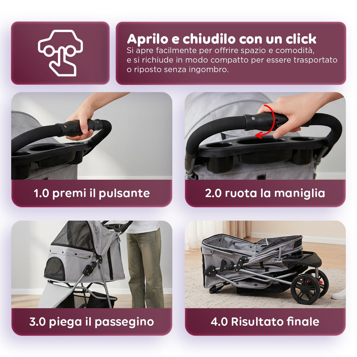 Passeggino per Cani e Gatti Pieghevole Portata 15kg con Cabina Trasparente - in Acciaio e Tessuto Oxford con Portabicchieri e Cestello