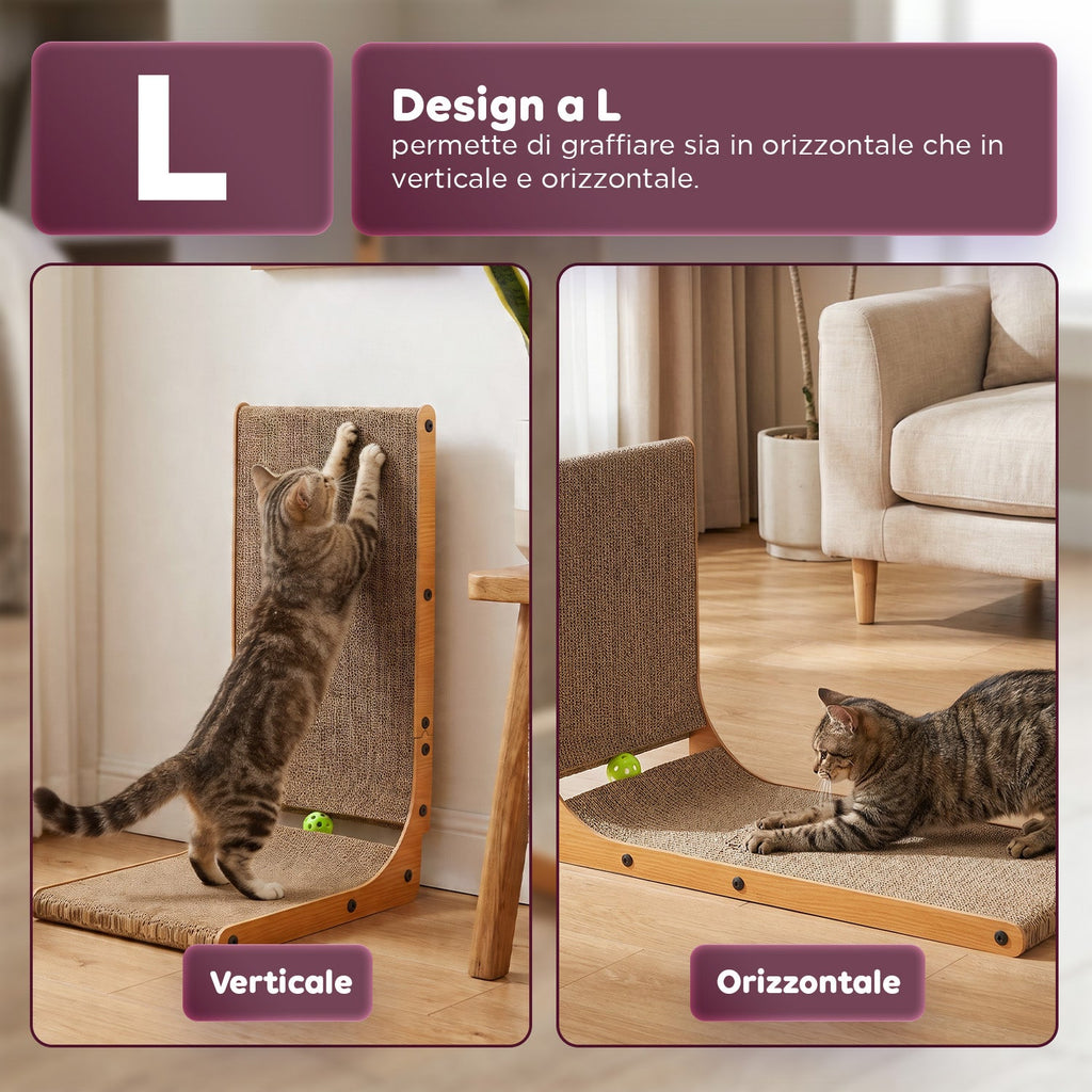 Tiragraffi per Gatti a Forma di L Altezza 68 cm in Carta Ondulata Resistente e Legno MDF – con Gioco a Pallina Integrato