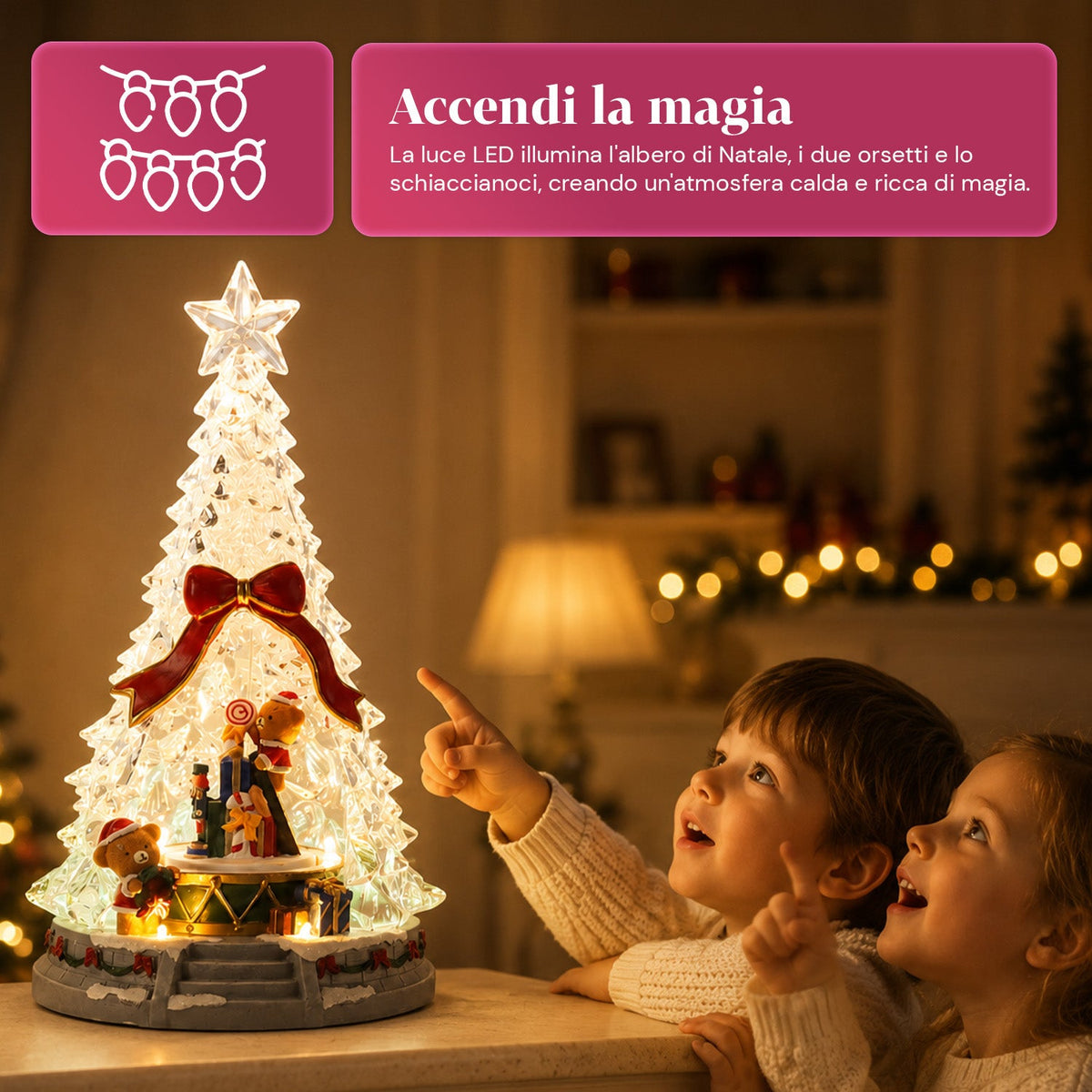Albero di Natale luminoso JoyTree con musica e animazione a 360°, luci LED, scena con orsetti e schiaccianoci, doppia alimentazione USB, 32,5 cm