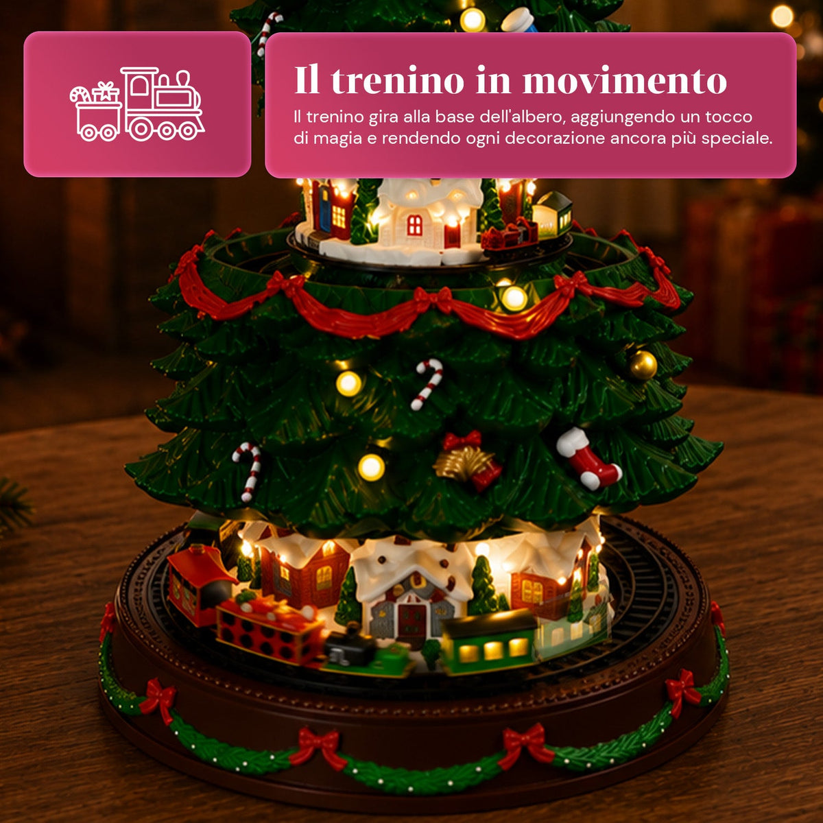 Albero di Natale Luminoso SpinPine 45,5 cm con Villaggio e Trenino Rotante, Luci LED Bianco Caldo, Musica Natalizia, Alimentazione USB o a Batterie