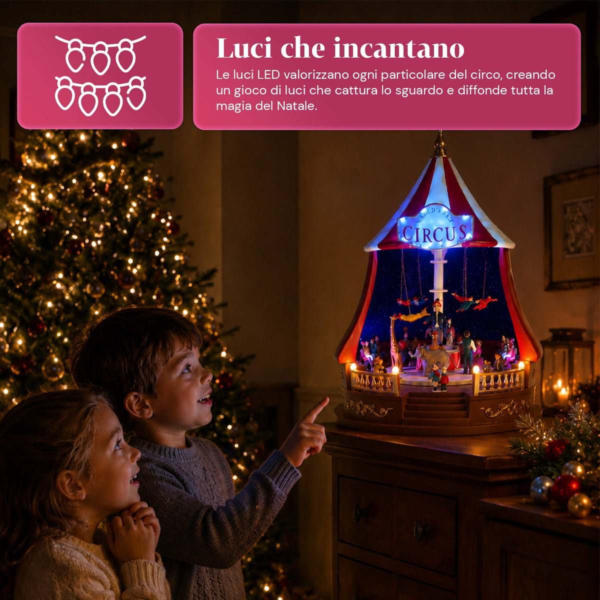 Carillon Natalizio Animato CircoJoy con Luci LED e Musica, Tendone Circo Ø34 x A44 cm in Plastica, Scena Rotante, Alimentazione USB o a Batterie