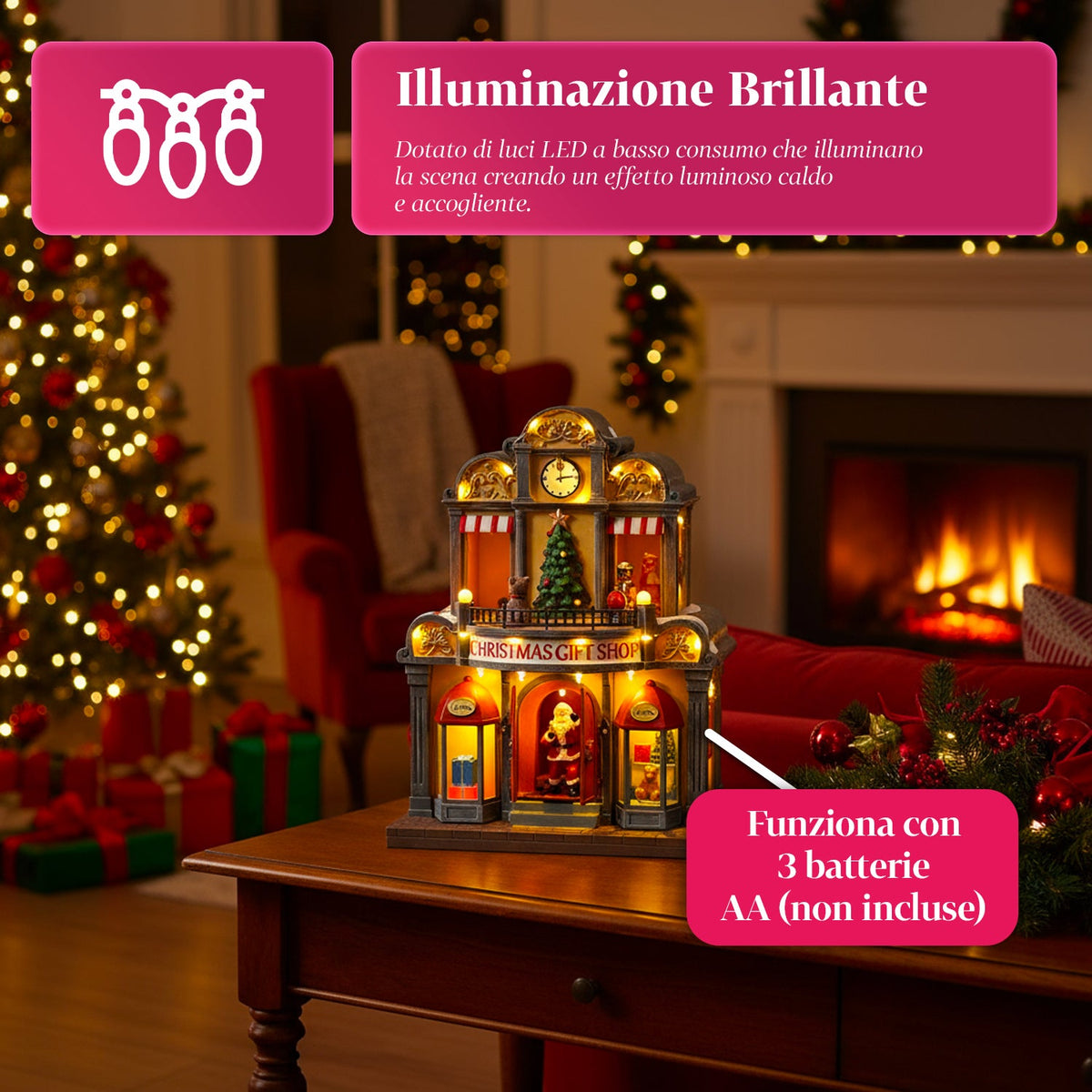 CrystalWood - Casa di Babbo Natale Animata – Luci LED, Musica e Movimento