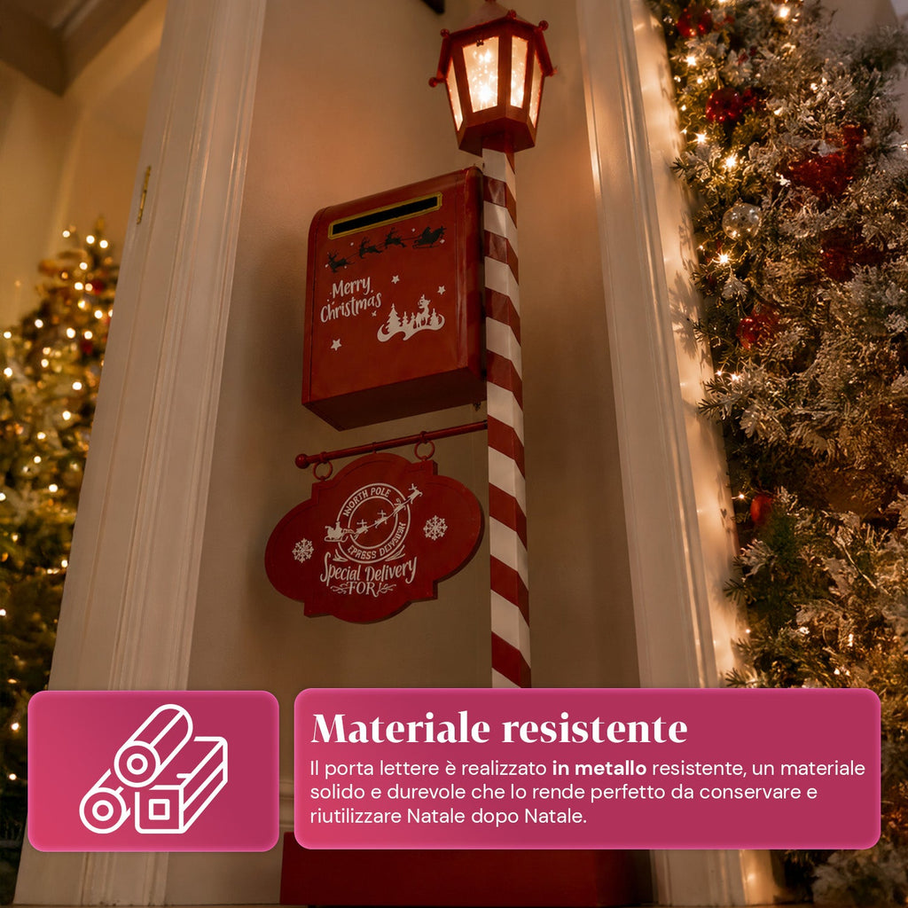 DeerPost Cassetta Postale Natalizia con Lanterna a LED e Sportello Posteriore, Decorazione in Metallo con Cartello Pendente, Altezza 92,5 cm