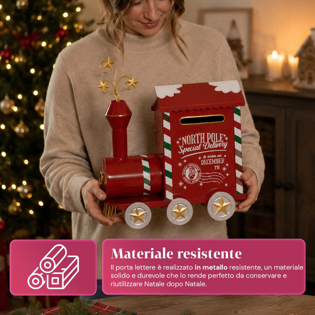 JingleRail, trenino natalizio portalettere in metallo, sportello posteriore, ampia capienza, dimensioni 28x16x36 cm