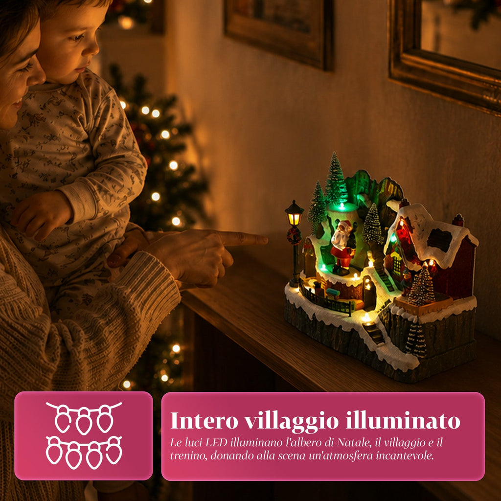 LitVille Villaggio di Natale Illuminato a LED con Trenino in Movimento e Babbo Natale Rotante, 8 Melodie Natalizie, 23x15x18 cm, a Batteria