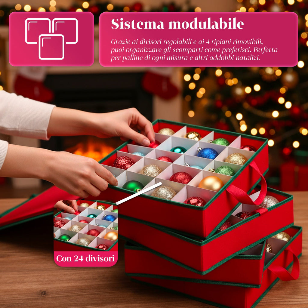 Organizer per 64 Palline di Natale in Tessuto Oxford e TNT con Coperchio e Manici