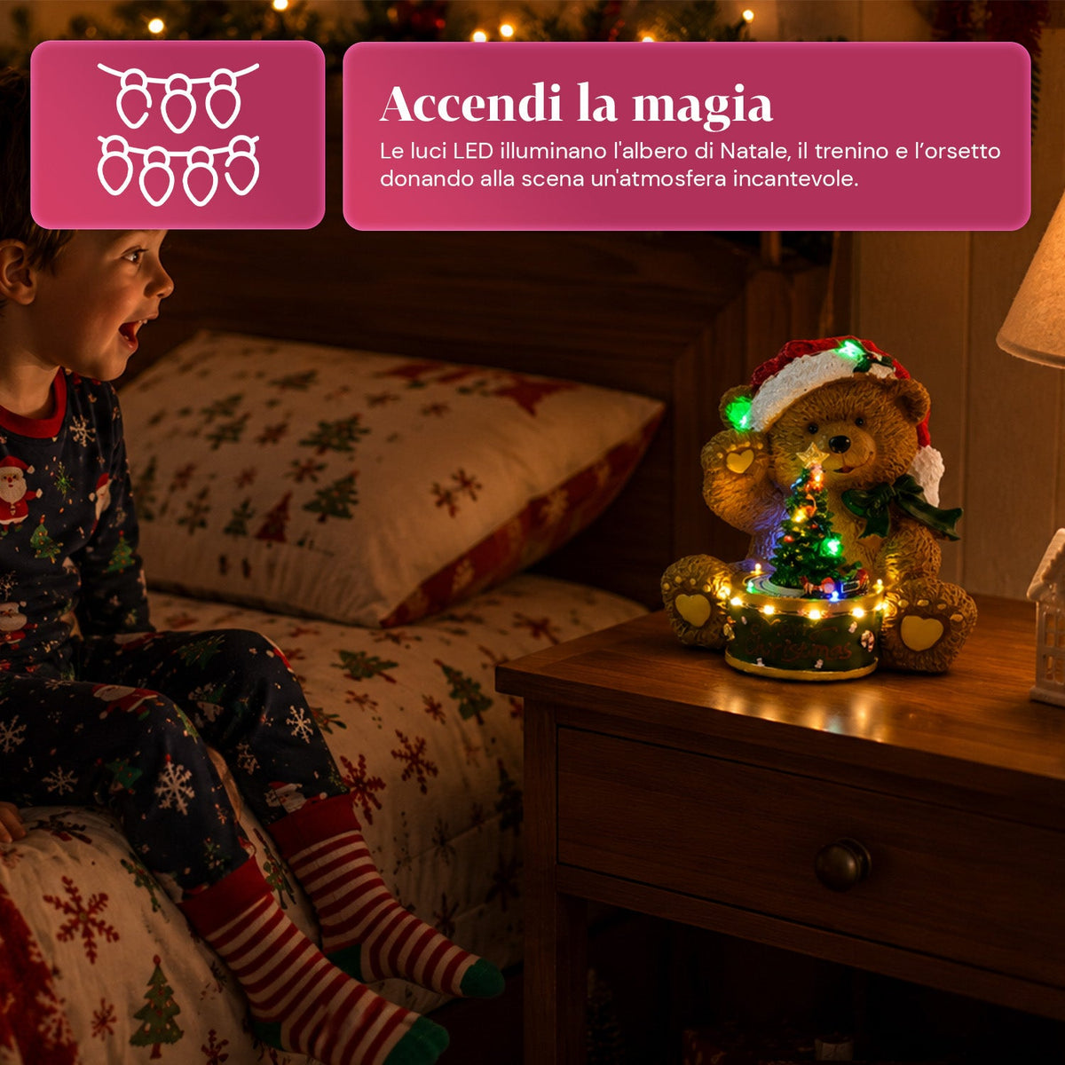 Orsetto di Natale Luminoso con Trenino Rotante e Carillon, Teddy XMAS Bear Station, Decorazione Natalizia LED in Poliresina 20,5 cm