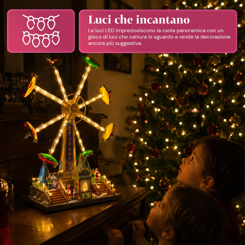 Ruota Panoramica Natalizia SkyWheel con Luci LED, Melodie e Doppia Rotazione, Villaggio con Biglietteria e Personaggi, 47,7 cm