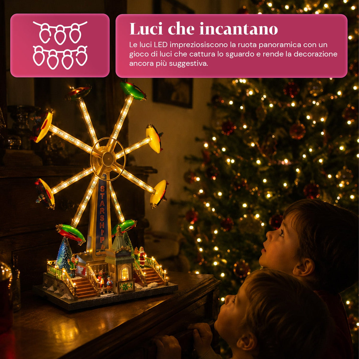 Ruota Panoramica Natalizia SkyWheel con Luci LED, Melodie e Doppia Rotazione, Villaggio con Biglietteria e Personaggi, 47,7 cm