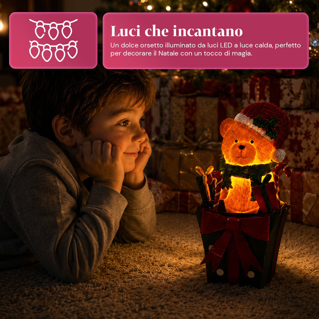 Teddy BearGift, orsetto natalizio luminoso in confezione regalo, luce LED calda, dimensioni 15x15x25,5 cm, alimentazione a batterie