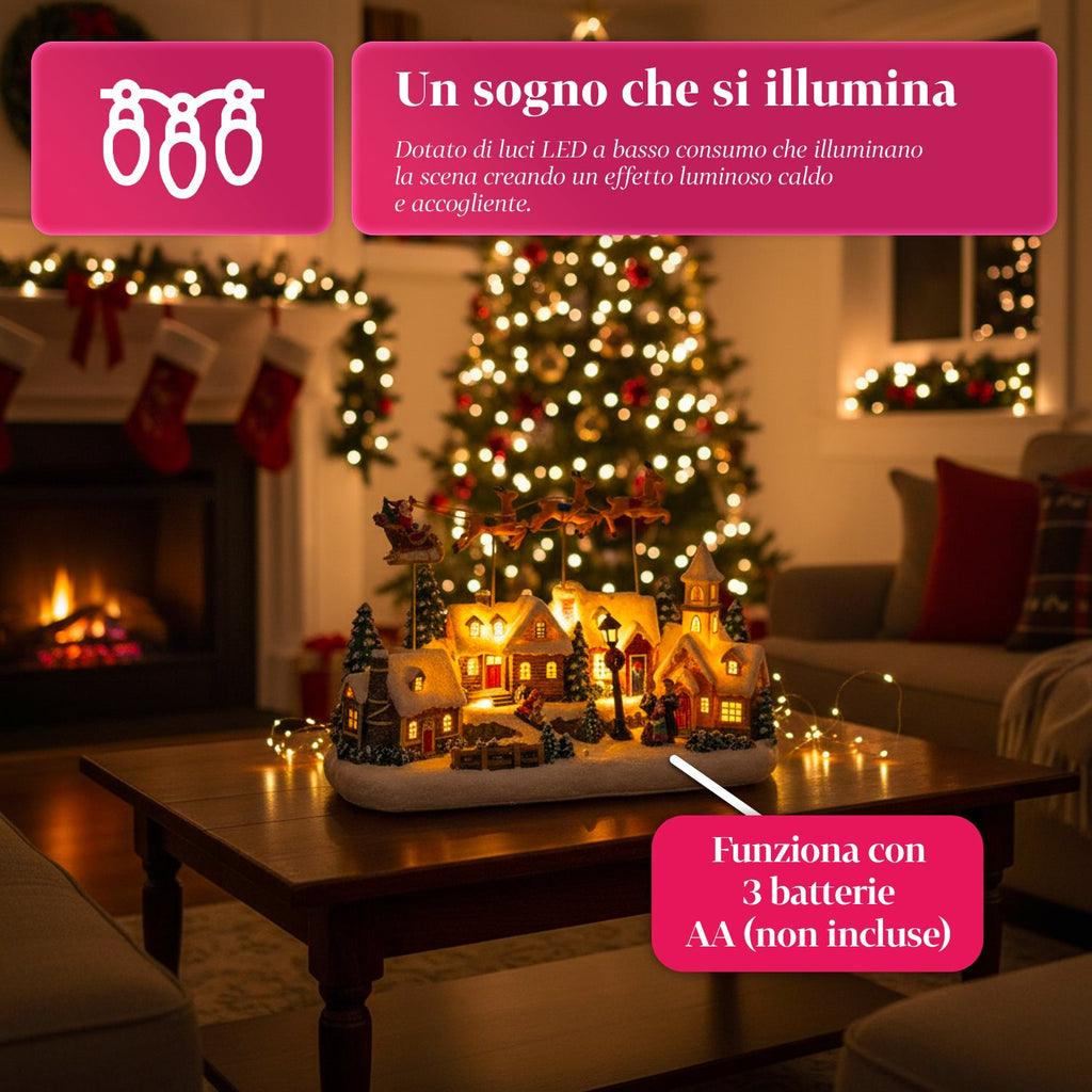 Villaggio di Natale Animato Frostvale con Luci LED, Musica e Slitta in Movimento