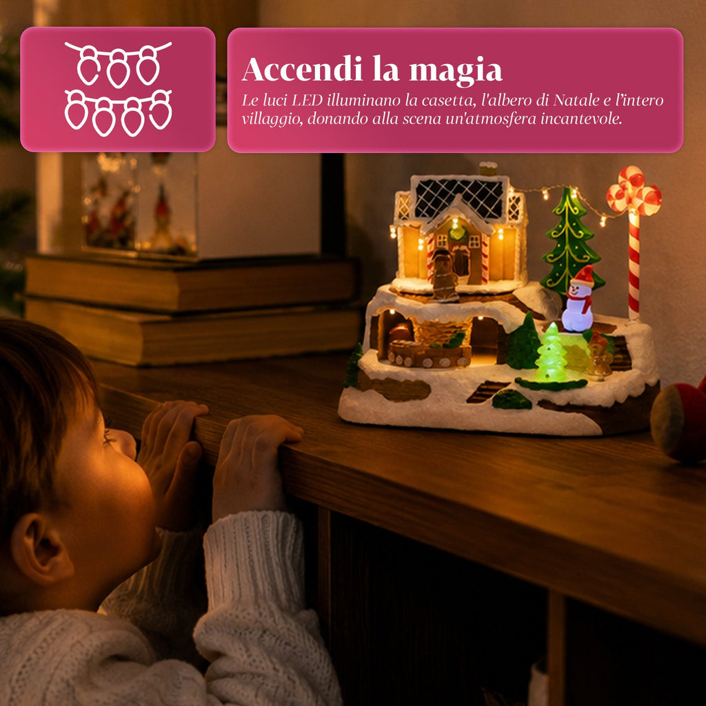 Villaggio Natalizio Luminoso Candy Town con Trenino in Movimento e 8 Melodie, Casetta Pan di Zenzero LED, Decorazione Natalizia 23,5 cm