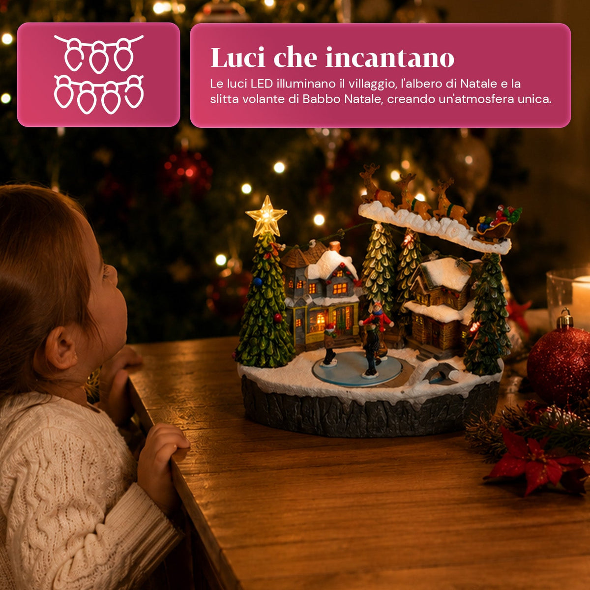 Villaggio Natalizio Luminoso Snowtime con Pista di Pattinaggio Animata, Luci LED e Musica, Slitta di Babbo Natale, Poliresina 21,5x15,8x22,5 cm