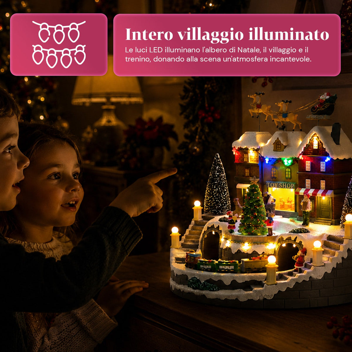 Villaggio Natalizio Luminoso Xmas Town a Batteria con Luci LED, Musica, Albero Rotante, Trenino in Movimento e Slitta di Babbo Natale, 27x25x34 cm