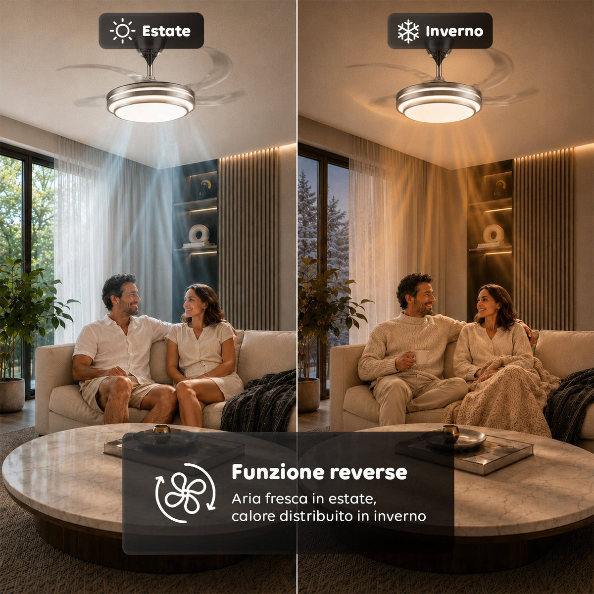Ventilatore da Soffitto con Pale Richiudibili in Ferro e ABS - 6 Velocità, LED 72W Dimmerabile in 3 Tonalità di Luce Integrata Calda, Naturale e Fredda