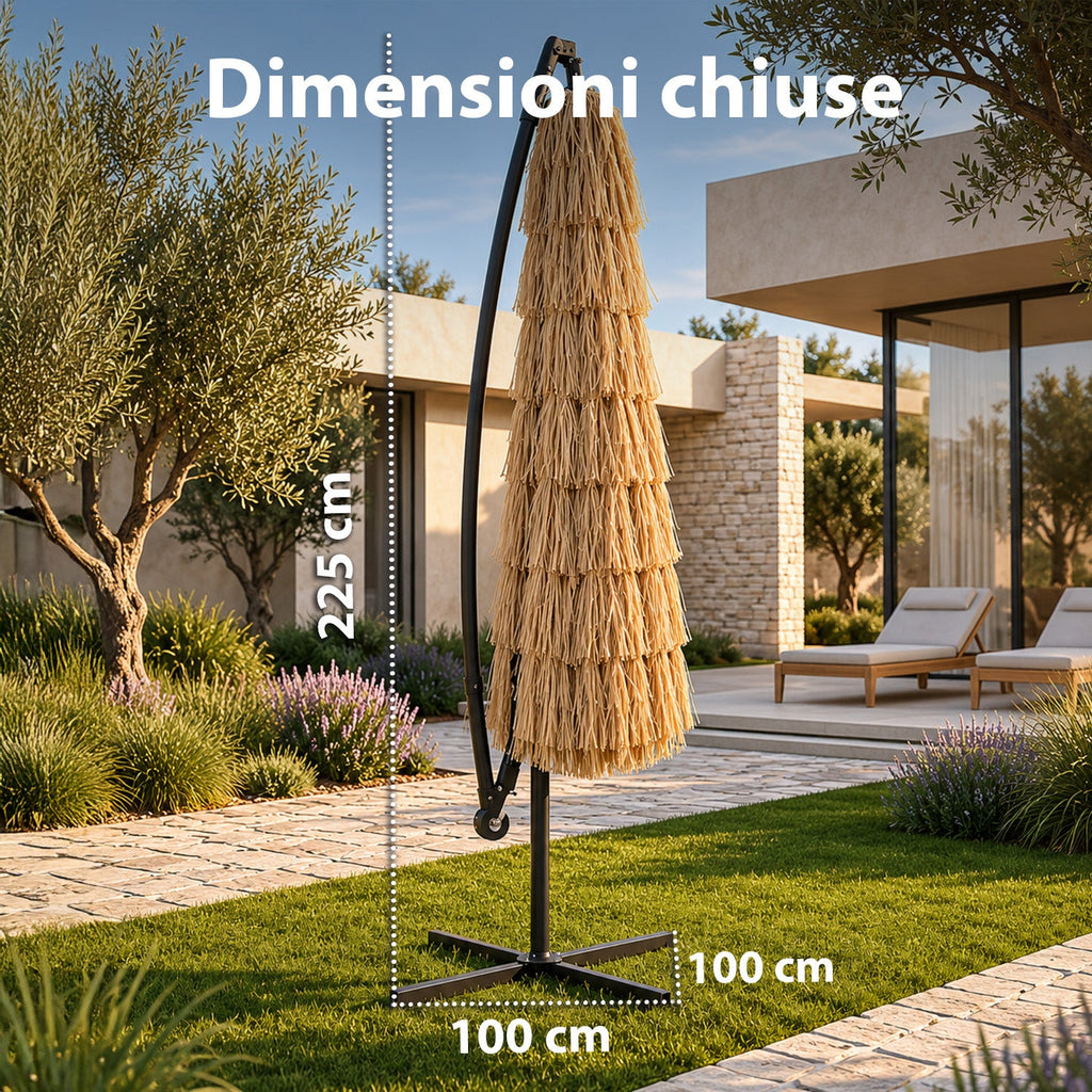 Ombrellone Lampara da Giardino Effetto Rafia – Altezza 2,75m con Struttura in Acciaio al Carbonio con Manovella e Sostegno a Croce