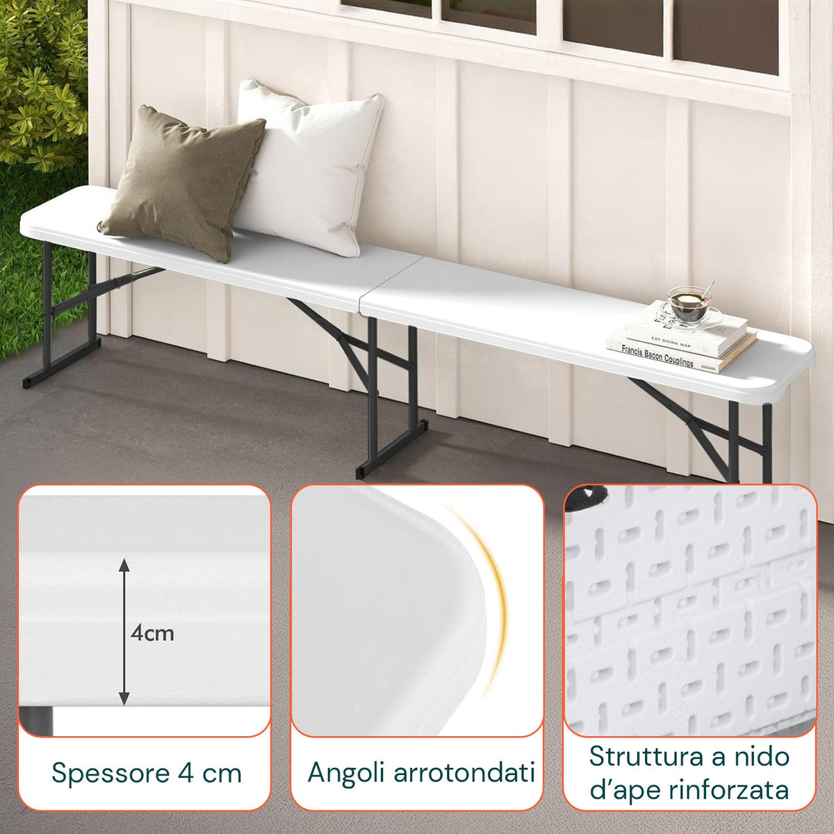 Panca Pieghevole Bianca 180x28x44cm – Modello Stilo da Giardino o Casa